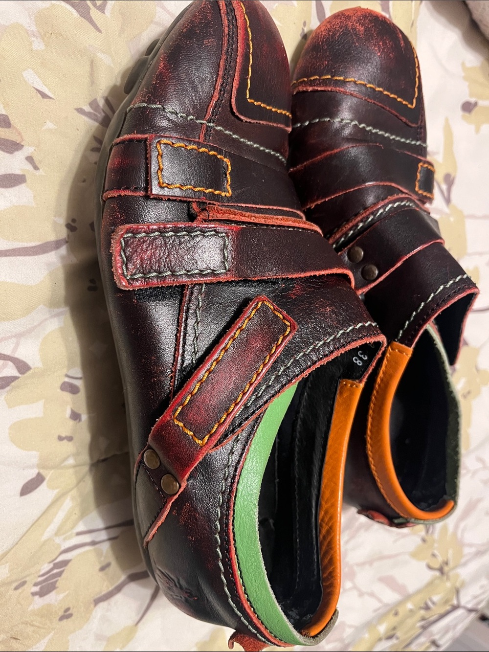 Fly London Women's Dark Red Leather Flats with Orange and Green Accents